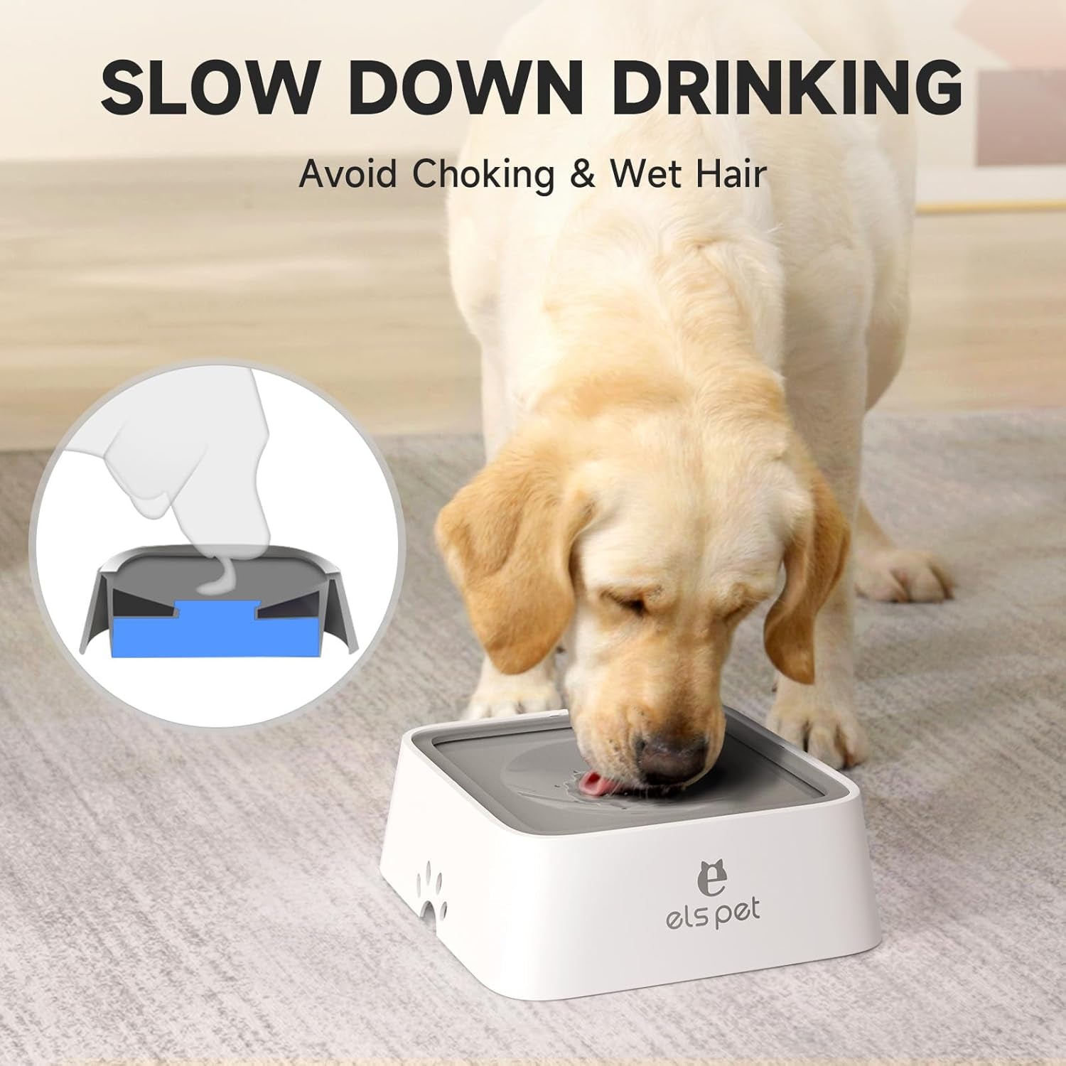 No Spill Slow Water Feeder - 2L Travel Bowl for Dogs & Cats in Stylish Grey