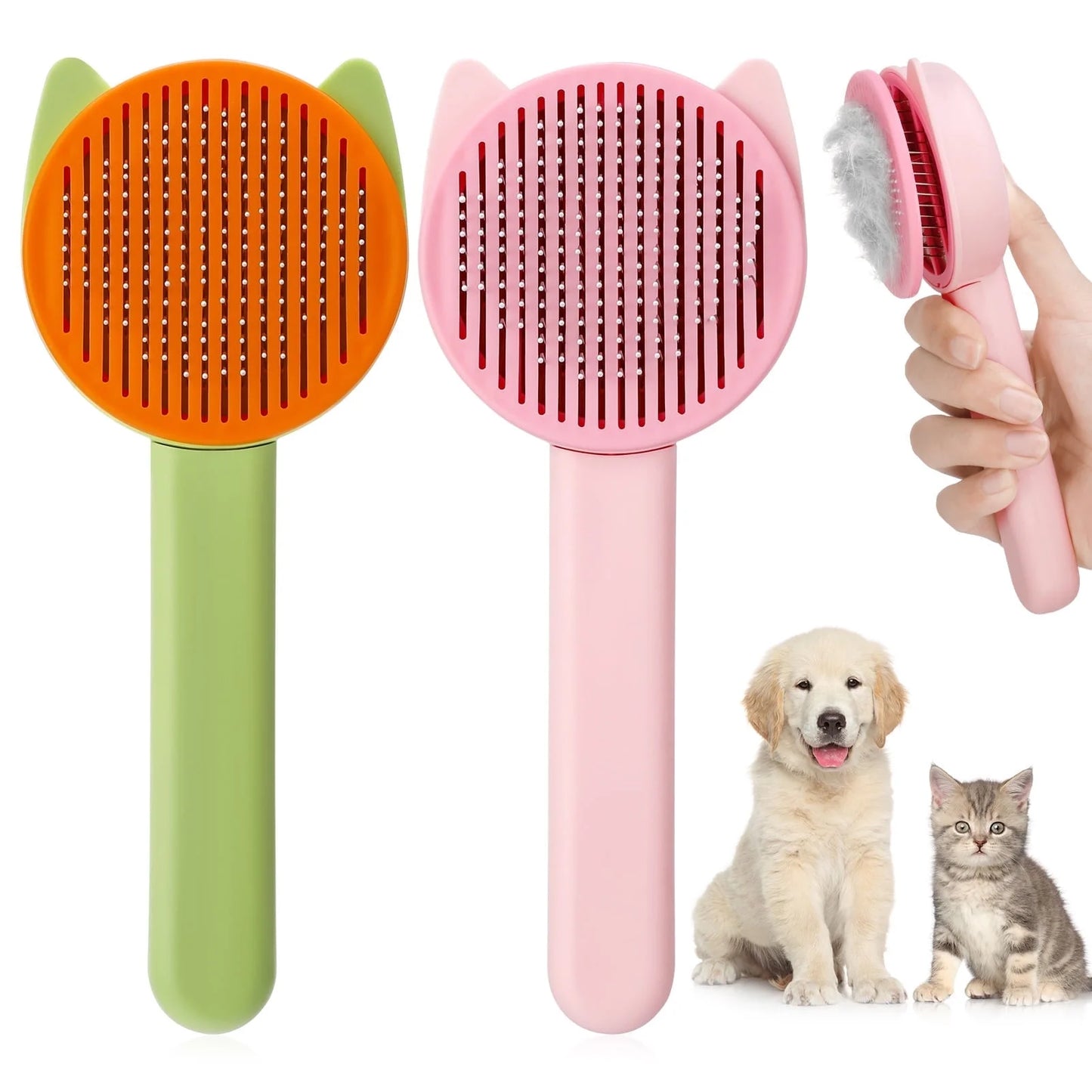 Effortless Grooming with 2 Pcs Self-Cleaning Cat Brush Set - Pet Brush for Cats, Dogs, and Rabbits (Pink & Green)